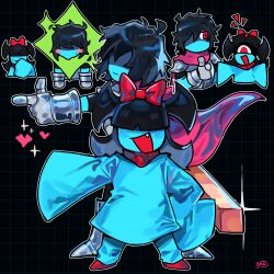  1girl 1other absurdres aqua_(deltarune) aqua_dress aqua_skin armor black_background black_hair blue_skin blush_stickers cape colored_skin covered_eyes deltarune dress fang graysheartart hair_wings head_bow heart highres knife kris_(dark_world)_(deltarune) kris_(deltarune) one-eyed pink_cape pointing red_eyes sleeves_past_fingers sleeves_past_wrists too_many too_many_knives trait_connection utdr_(toby_fox) 