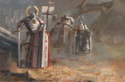  6+boys absurdres adeptus_astartes armor banner cape chinese_commentary commentary_request dark_angels highres holding holding_sword holding_weapon impasto multiple_boys painterly power_armor shield sword tagme user_rhmp5744 warhammer_40k weapon white_armor white_cape 