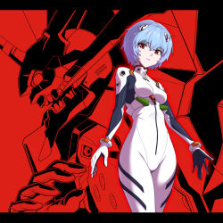  alien ayanami_rei beast_mode_(evangelion) blue_hair commentary english_commentary eva_01 evangelion_(mecha) headgear highres js_71535 mecha mecha_pilot_suit monster neon_genesis_evangelion plugsuit_(evangelion) red_background red_eyes robot science_fiction super_robot teeth 