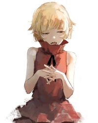  1girl absurdres blonde_hair doremy dress fang highres kiss-shot_acerola-orion_heart-under-blade kizumonogatari monogatari_(series) open_mouth oshino_shinobu pointy_ears red_dress short_hair simple_background sleeveless vampire white_background yellow_eyes 