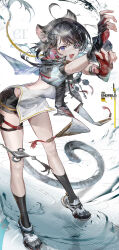  1girl :3 absurdres ahoge animal_ears arknights arknights:_endfield artist_logo bare_back black_hair black_shorts black_socks blue_eyes breasts chinese_clothes commentary_request dress elevation_contour_lines et_atr3 eyepatch fang fingerless_gloves full_body gloves hair_tubes highres leaning_forward logo long_hair low_ponytail medium_breasts multicolored_gloves one_eye_covered open_mouth outstretched_crossed_arms pelvic_curtain ponytail pouch qipao ripples short_shorts shorts side_slit socks solo tail tangtang_(arknights) thigh_pouch thigh_strap tiger_ears tiger_girl tiger_tail two-sided_gloves two-tone_gloves 