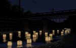  bridge dark highres lantern night no_humans original paper_lantern power_lines river sasaki112 telephone_pole water 