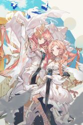  2girls absurdres arknights arm_up bare_shoulders bird braid braided_bangs braided_ponytail bridal_gauntlets character_request chise_(cym23730) column commission detached_collar detached_wings disembodied_hand dove dress energy_wings facial_mark gladiator_sandals gold_trim hair_over_shoulder halo highres lemuen_(arknights) lemuen_(requiem_vesperis)_(arknights) long_hair looking_at_viewer mark_under_eye multiple_girls off-shoulder_dress off_shoulder official_alternate_costume one_eye_covered orange_hair pearl_choker pillar pink_hair sandals star_pendant teardrop_facial_mark traditional_halo veil very_long_hair white_bridal_gauntlets white_dress white_halo white_veil wings 