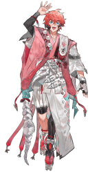  1boy absurdres ahoge akagi_wen alternate_costume anklet arm_up asymmetrical_legwear asymmetrical_pants asymmetrical_sleeves belt black_gloves black_leggings black_streaks blue_eyes bracelet bridal_legwear crossed_bangs fingerless_gloves full_body gloves hair_between_eyes hakama hakama_shorts highres japanese_clothes jewelry kataginu kimono layered_sleeves leggings long_sleeves looking_at_viewer male_focus multicolored_gloves multicolored_hair nijisanji okobo pink_hair pink_kimono platform_sandals pom_pom_(clothes) red_socks rope sandals shimenawa short_hair short_over_long_sleeves short_sleeves shorts simple_background single_glove skeletal_tail socks solo standing streaked_hair tabi tail tassel teeth toeless_legwear two-tone_gloves unagipai uneven_legwear upper_teeth_only virtual_youtuber waving white_background white_belt white_gloves white_hakama white_sandals white_sleeves 