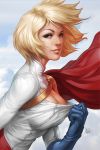  artgerm blonde_hair blue_eyes breasts cape cleavage cleavage_cutout cleavage_reach clouds cloudy_sky dc_comics elbow_gloves eyelashes gloves justice_league large_breasts lips power_girl realistic short_hair sky solo stanley_lau 