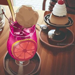  art_study artist_name bowl chair cherry commentary english_commentary food food_focus fruit glass ice ice_cream ice_cube indoors lemon lemon_slice nabatame_kazutaka original plate pudding soda spoon table tile_floor tiles tray twitter_username whipped_cream 