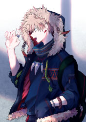  1boy absurdres adam's_apple adapted_costume alternate_costume arm_up bag bakugou_katsuki black_bag blonde_hair blue_jacket blue_shirt boku_no_hero_academia boku_no_hero_academia_2nd_popularity_poll bracelet character_name check_clothing clothes_writing clothing_request collared_shirt colored_lineart commentary_request copyright_name dotted_line drawstring earrings english_text eyes_visible_through_hair facial_hair fang fashion feathers from_side fur-trimmed_hood fur-trimmed_jacket fur_trim grey_background hand_in_pocket high_collar highres hood hood_up jacket jewelry male_focus multiple_necklaces nao_(n_sai_ao) necklace open_clothes open_jacket open_mouth pattern_request pocket print_jacket profile red_eyes red_jacket ring shirt short_hair sideburns_stubble sidelighting silver_ring sleeves_rolled_up solo spiky_hair stubble teeth three-quarter_sleeves tongue tongue_out tooth_earrings tooth_necklace triangle_print two-sided_fabric two-sided_jacket unzipped upper_body upper_teeth_only zipper zipper_pull_tab 