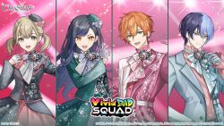  2boys 2girls :d aoyagi_touya aqua_gem artist_name azusawa_kohane belt black_hair black_jacket black_skirt blonde_hair blonde_streaks blue_bow blue_bowtie blue_gem blue_gloves blue_hair blue_jacket blue_trim bow bowtie breasts brown_eyes buttons closed_mouth column_lineup commentary company_name copyright_notice cropped_jacket cross-laced_jacket dot_nose double-parted_bangs earrings english_text frilled_hat frills gem gloves gradient_hair green_gem green_hat green_jacket green_skirt grey_bow grey_bowtie grey_eyes grey_gloves grey_jacket grey_skirt grey_trim group_name guest_art hair_between_eyes half_gloves hand_on_own_hip hand_up hands_up hat jacket jewelry koujisako lapels lens_flare lineup long_hair long_sleeves looking_at_viewer low_twintails medium_hair mini_hat mole mole_under_eye multicolored_hair multicolored_jacket multiple_boys multiple_girls notched_lapels official_art open_clothes open_jacket open_mouth orange_eyes orange_gem orange_hair pearl pink_background pink_bow pink_bowtie pink_gloves pink_jacket pink_shirt pink_trim project_sekai purple_gem red_gem red_skirt red_trim second-party_source shinonome_ena shiraishi_an shirt short_hair single_earring skirt small_breasts smile split-color_hair streaked_hair swept_bangs tongue tsurime twintails two-tone_jacket two-tone_skirt upper_body v-shaped_eyebrows vivid_bad_squad_(project_sekai) w white_belt white_bow white_bowtie white_gloves white_jacket white_shirt 