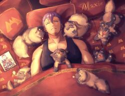  2boys :< black_tank_top breasts closed_eyes commentary_request curled_up dazzling3ti english_text hair_between_eyes head_on_pillow large_breasts looking_at_another lying male_focus maxie_(pokemon) multiple_boys muscular muscular_male on_back open_mouth pillow pokemon pokemon_ruby/sapphire/emerald poochyena portrait_(object) print_bed_sheet print_pillow purple_hair red_eyes saliva short_hair sleeping squeans tabitha_(pokemon) tank_top under_covers 