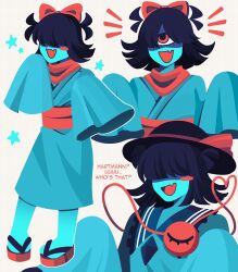  1girl absurdres aqua_(deltarune) aqua_kimono black_hair bobamiruku cosplay deltarune disembodied_linked_eye fang highres japanese_clothes kimono komeiji_koishi komeiji_koishi_(cosplay) multiple_views obi one-eyed red_eyes red_sandals red_scarf sandals sash scarf shaded_face sleeves_past_fingers sleeves_past_wrists solo star_(symbol) touhou utdr_(toby_fox) 