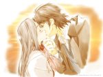  1boy 1girl brown_hair closed_eyes couple hetero kiss long_hair mizutani_tooru original scarf 