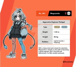  1girl artist_name asymmetrical_legwear blue_eyes blue_pantyhose cable character_name character_profile deviantart_logo deviantart_username engineer english_text full_body grey_hair height heterochromia long_hair low_twintails magnemite mismatched_legwear object_through_head orange_background overalls pantyhose personification pokedex_number pokemon pokemon_sword_and_shield red_eyes red_pantyhose screw_in_head shoes sleeves_past_wrists sneakers taruyamame twintails venus_symbol watermark weight 