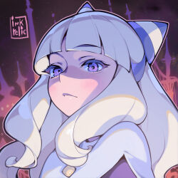  1girl animification blank_eyes blank_stare blunt_bangs coat commentary cone_hair_bun double_bun dress english_commentary hair_bun hair_horns hair_intakes inkrelic knights_of_guinevere long_hair looking_at_viewer olivia_park purple_coat violet_eyes white_hair 