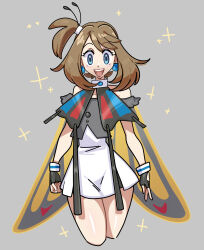  1girl alternate_costume bare_shoulders beautifly beautifly_(cosplay) black_gloves blue_eyes blush brown_hair butterfly_wings cosplay dress fingerless_gloves gloves highres insect_wings looking_at_viewer may_(pokemon) missandydandy open_mouth pokemon pokemon_ruby/sapphire/emerald smile solo teeth upper_teeth_only white_dress wings 