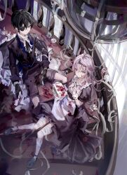  1boy 1girl absurdres apron aristocratic_clothes ascot baluster bandaged_leg bandages banister bishounen black_dress black_gloves black_hair black_headband black_jacket black_ribbon black_shoes black_shorts blood blood_on_clothes blood_on_food blue_eyes blush breasts buttons cake cake_slice ciel_phantomhive closed_mouth collared_dress commentary commission contrast_lapels double-breasted double-parted_bangs dress eyepatch flower food fork frilled_shirt_collar frills from_above full_body gloves headband high_collar highres holding holding_bandages holding_cake holding_food holding_fork jacket jitome kuroshitsuji lace_headband lapels light_frown long_dress long_hair looking_at_viewer looking_up maid maid_apron neck_ribbon notched_lapels oc_x_canon original pink_eyes pink_hair plate puffy_short_sleeves puffy_sleeves raised_inner_eyebrows ribbon rose sanpaku second-party_source sesmkun shirt shoes short_hair short_sleeves shorts single_hair_intake sitting sitting_on_stairs small_breasts spiral_staircase spread_legs stairs waist_apron white_apron white_ascot white_flower white_rose white_shirt 
