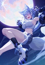  1girl :d animal_ears aqua_eyes armpits black_nails blush breasts claw_pose cross-shaped_pupils elira_pendora elira_pendora_(6th_costume) fingernails full_moon fur-trimmed_jacket fur-trimmed_shorts fur_trim grey_hair hair_intakes half-jacket heterochromia highres jacket large_breasts long_fingernails midair midriff moon navel night nijisanji nijisanji_en official_alternate_costume open_fly senmi_(vvv_1864) short_hair shorts sideboob sky smile solo star_(sky) starry_sky symbol-shaped_pupils tail tongue tongue_out violet_eyes virtual_youtuber wolf_ears wolf_tail 