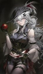 1girl absurdres animal_ears apple arknights belt belt_buckle black_corset black_gloves black_pantyhose black_shorts blush buckle closed_mouth commentary corset cowboy_shot cropped_shirt fangs food food_on_face fruit gloves grey_eyes grey_hair grey_shirt hair_between_eyes hat hat_feather highres holding holding_food holding_fruit lappland_(arknights) long_hair looking_at_viewer midriff navel pantyhose shirt short_shorts shorts sleeveless sleeveless_shirt solo sshumolly thigh_belt thigh_strap tricorne untranslatable_commentary very_long_hair wolf_ears wolf_girl 