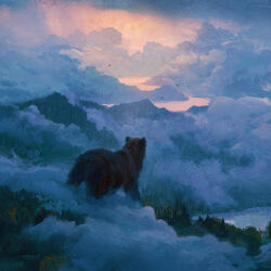  animal animal_focus bear brown_bear clouds cloudy_sky commentary english_commentary forest from_behind highres lake light_rays mountain nature no_humans original outdoors rhads sky sunbeam sunlight tree 