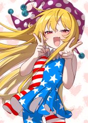  1girl :d absurdres american_flag american_flag_dress american_flag_print blonde_hair blush clownpiece commentary_request double_v dress fairy fairy_wings fang flag_print hair_between_eyes half-closed_eyes hat heart heart_background highres jester_cap long_hair looking_at_viewer neck_ruff open_mouth pantyhose polka_dot_headwear purple_hat red_eyes short_sleeves skin_fang sleeveless sleeveless_dress smile solo star_(symbol) star_print striped_clothes striped_dress striped_pantyhose sumiyama_sui touhou v very_long_hair wings 
