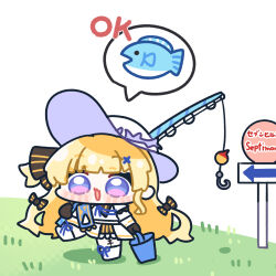  1girl black_bow black_gloves blonde_hair bow bucket chibi chibi_only commentary_request dress fishing_rod gloves hair_bow hair_ornament hat highres holding holding_bucket holding_fishing_rod long_hair open_mouth phoebe_(wuthering_waves) road_sign sign smile solo spoken_food striped_bow syurikenmaru translation_request very_long_hair violet_eyes white_dress white_hat wuthering_waves x_hair_ornament 