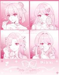  4girls :3 absurdres applying_makeup applying_own_makeup bare_shoulders bead_choker beads blouse blush bow bowtie brooch buttons character_name chinese_commentary choker closed_mouth collarbone collared_shirt commentary_request commission cosmetics dot_nose dress earrings eyelashes eyes_visible_through_hair eyeshadow fingernails four-pointed_star frilled_shirt_collar frills hair_between_eyes hair_bow hair_bun hair_intakes hair_ornament hair_rings hairclip hand_mirror happy heart heart_necklace hexagram highres holding holding_brush holding_lipstick_tube holding_makeup_brush holding_mirror hoop_earrings jewelry lace_bow large_bow layered_sleeves light_smile lipstick lipstick_tube long_sleeves looking_at_reflection makeup makeup_brush mirror monochrome multiple_girls multiple_persona necklace nikki_(nikki) nikki_(series) one_eye_closed pink_background pink_theme polka_dot polka_dot_bow powder_puff ribbon_earrings sample_watermark shirt short_hair short_hair_with_long_locks sidelocks single_hair_bun sleeve_cuffs sleeveless sleeveless_shirt smile spaghetti_strap sparkle star_(symbol) star_choker star_earrings strapless strapless_dress tianweijuwan updo upper_body watermark 