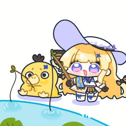  1girl black_collar black_gloves blonde_hair blue_eyes bow chibi chibi_only collar commentary_request dress fishing_rod gloves hair_bow hair_ornament hat highres holding holding_fishing_rod long_hair open_mouth phoebe_(wuthering_waves) pokemon psyduck sash sidelocks smile striped_bow syurikenmaru very_long_hair white_background white_dress white_hat wuthering_waves x_hair_ornament 