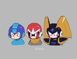  3boys android assault_visor bass_(mega_man) blue_eyes grey_background helmet highres male_focus mega_man_(character) mega_man_(classic) mega_man_(series) multiple_boys o3o proto_man puckered_lips red_eyes scarf simple_background srnhuyuno upper_body yellow_scarf 