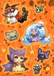  bat_hair_ornament cosplay cross eating gengar gengar_(cosplay) ghost hair_ornament halloween hatenna milkshake mimikyu nickit nickit_(cosplay) no_humans orange_background pikachu pokemon pokemon_(creature) pokemon_focus rabbit scorbunny skull squirtle star_(symbol) striped_background umbreon yami11 zorua zubat zubat_(cosplay) 
