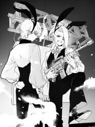  2boys absurdres animal_ears asymmetrical_bangs bad_source cigarette collared_shirt deidara_(naruto) dixieyyds dress_shoes evil_grin evil_smile eyepatch formal_clothes grin gun hairband high_ponytail highres holding holding_gun holding_weapon jewelry light_particles long_hair long_sleeves looking_to_the_side male_focus monochrome multiple_boys naruto_(series) naruto_shippuuden pants ponytail puffy_long_sleeves puffy_sleeves rabbit_ears rabbit_tail ring sasori_(naruto) shirt shoes short_hair sketch smile smoke smoking suit tail vest weapon 