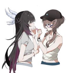  2girls absurdres alternate_costume applying_another's_makeup applying_lipstick applying_makeup black_hair blue-framed_eyewear blush bracelet brown_hair closed_eyes closed_mouth collarbone colored_inner_hair columbina_(genshin_impact) contemporary crop_top cropped_torso doe-foot_applicator from_side genshin_impact glasses hair_bun hair_ornament hairclip hand_on_another's_face highres jewelry long_hair looking_at_another midriff multicolored_hair multiple_girls multiple_wings navel purple_hair purple_streaks sandrone_(genshin_impact) shirt short_hair_with_long_locks simple_background single_hair_bun sleeveless sleeveless_shirt streaked_hair t-shirt two-tone_hair very_long_hair watch watch white_background white_shirt white_wings wing_hair_ornament wings xu_(anniechika) 
