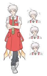  1boy :d absurdres ahoge apron bing_huan black_pants closed_mouth collared_shirt commentary_request danganronpa_(series) danganronpa_2:_goodbye_despair green_necktie grey_hair grey_shoes highres hinata_hajime hinata_hajime_(awakened) male_focus necktie open_mouth pants red_apron red_eyes shirt shoes short_hair short_sleeves simple_background smile white_background white_shirt 