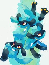  3others black_fur black_hair blue_fur closed_mouth commentary_request furry highres multiple_others open_mouth other_focus pokemon pokemon_(creature) pokemon_focus red_eyes riolu satan_(zoroa553) smile tail 