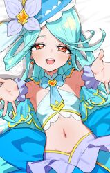  1girl aqua_capelet blue_hair blue_tube_top blush boater_hat bridal_gauntlets brooch butterfly_hat_ornament capelet commentary cure_eclair diamond_earrings earrings frilled_tube_top frills from_above glove_ribbon hat_ornament heart heart_brooch highres howa_kurea jewelry long_hair looking_at_viewer lying magical_girl meitantei_precure! mo_(boo1719501boo) navel on_back orange_eyes outstretched_arms precure purple_bridal_gauntlets solo strapless tube_top very_long_hair 