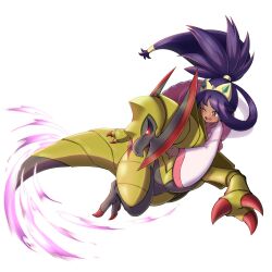  1girl :d ;d absurdres brown_eyes commentary hair_rings happy haxorus highres hug iris_(pokemon) long_hair long_sleeves negaska one_eye_closed open_mouth pink_skirt pokemon pokemon_(creature) pokemon_black_2_and_white_2 purple_hair scarf see-through_clothes see-through_scarf shirt skirt smile teeth transparent_background upper_teeth_only white_shirt wide_sleeves 