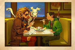  2girls absurdres animal_ears banana_split blue_eyes blue_shirt booth_seating boots brown_coat coat dc_comics denim dog dog_ears dog_tail eating english_commentary green_jacket highres holding holding_spoon jacket jeans krypto_the_superdog long_hair multiple_girls open_clothes open_coat pants red_boots red_shirt red_skirt ruthye_marye_knoll shirt skirt slice_of_life spoon sunglasses supergirl supergirl_(2026) superman_(series) sword sword_on_back tail tongue tongue_out utensil_in_mouth vickychendraws weapon weapon_on_back white_fur 