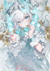  1girl aqua_eyes blue_butterfly blue_ribbon bug butterfly butterfly_hair_ornament commentary_request cowboy_shot dress frilled_dress frilled_hairband frilled_skirt frilled_sleeves frilled_wrist_cuffs frills glasses gold_flower hair_ornament hairband highres jellyfish layered_dress lolita_fashion lolita_hairband long_hair negimapurinn original ribbon skirt solo white_dress white_hair wide_sleeves wrist_cuffs 