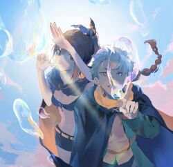  1boy 1girl alternate_universe bad_end bikini bikini_top_only black_bikini black_cape black_cloak black_shorts blowing_bubbles blue_eyes brown_hair brown_tunic bubble cape cloak commentary_request daodaooo extra_pupils front-tie_bikini_top front-tie_top green_eyes green_jacket hair_ribbon high_ponytail highres jacket long_hair long_sleeves looking_at_viewer multi-tied_hair natsuki_subaru navel orange_cape orange_scarf partially_blind ponytail re:zero_kara_hajimeru_isekai_seikatsu re:zero_kara_tsugihagu_isekai_seikatsu ribbon scar scar_on_face scar_on_forehead scarf shaula_(re:zero) short_hair shorts swimsuit tunic two-sided_cape two-sided_fabric two-tone_cape upper_body white_hair 