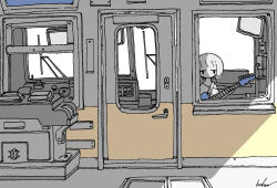  1girl absurdres commentary electric_guitar greyscale guitar highres instrument kaduise looking_at_viewer monochrome multiple_unit_train original short_hair signature spot_color train train_interior 