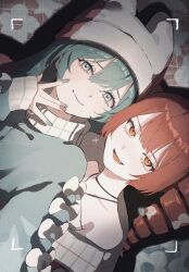  2girls alternate_costume aqua_eyes aqua_hair bare_shoulders blue_nails closed_mouth commentary_request drill_hair hair_between_eyes hatsune_miku highres kasane_teto multiple_girls nail_polish open_mouth red_eyes red_hair red_nails smile sushirice_0 upper_body utau viewfinder vocaloid w 