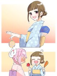  0_0 2girls ^_^ anyoji_hime balloon blue_kimono blunt_bangs blush braid candy_apple closed_eyes commentary_request corn_dog food fox_mask full-face_blush hair_bun hand_fan highres holding holding_balloon holding_candy_apple holding_food japanese_clothes kachimachi_kosuzu kanduki_kamibukuro kimono love_live! love_live!_hasu_no_sora_jogakuin_school_idol_club mask mask_on_head multiple_girls obi paper_fan pink_hair pink_kimono sash short_hair sidelocks single_braid single_hair_bun striped_clothes striped_kimono summer_festival sweatdrop uchiwa vertical-striped_clothes vertical-striped_kimono virtual_youtuber water_balloon yellow_sash yuri 