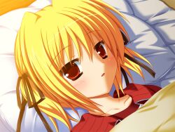  1girl blanket blonde_hair clover_point dutch_angle futon game_asset gym_uniform head_on_pillow indoors jacket looking_at_viewer lying non-web_source on_back open_clothes open_jacket parted_lips pillow red_eyes red_jacket self-datamine shirt short_twintails sitting takanashi_yaya track_jacket twintails under_covers white_shirt yuyi 