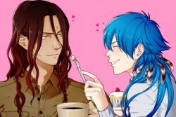  2boys blue_hair blush braid brown_eyes brown_hair brown_shirt buttons closed_eyes closed_mouth coffee_mug commentary_request cup cupcake dramatical_murder feeding food fork heart kuwa_ayase long_hair looking_at_another male_focus mink_(dramatical_murder) mug multiple_boys open_mouth parted_lips partially_unbuttoned pink_background seragaki_aoba shirt simple_background smile teeth 
