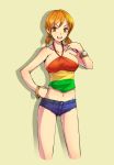  cropped_legs denim denim_shorts halter_top halterneck hand_on_hip jewelry kara_(color) log_pose midriff nami navel one_piece one_piece:_strong_world orange_hair short_shorts short_twintails shorts solo tattoo twintails 