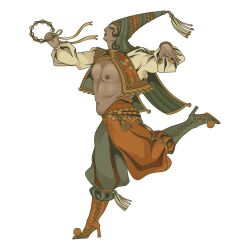  1boy bell belly belt boots dark-skinned_male dark_skin eyeshadow from_side full_body girly_boy greek_painting_style hat highres holding_tambourine iliothermia instrument jester jingle_bell lips long_sleeves makeup male_focus mastectomy_scar navel nipples nose original pants plump puffy_long_sleeves puffy_sleeves ribbon scar scar_on_chest solo tambourine tassel tattoo vasil_(iliothermia) vest 