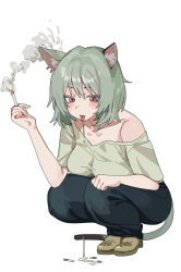  1girl absurdres animal_ear_fluff animal_ears blush breasts brown_sandals cat_ears cat_girl cat_tail cigarette cigarette_butt collarbone commentary_request crop_top earrings freeman_(tkuh4475) grey_eyes grey_hair grey_shirt hair_between_eyes hair_intakes hand_up highres holding holding_cigarette jewelry large_breasts multiple_earrings no_bra saliva saliva_trail sandals satou_yaniko shirt short_hair simple_background single_off_shoulder smile solo spitting tail tongue tongue_out white_background yani_neko 