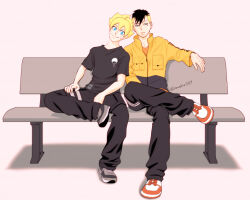  2boys adoptive_siblings bench black_hair black_pants black_shirt black_shoes blonde_hair boruto:_naruto_next_generations boruto_(series) brothers commentary_request facial_mark facial_tattoo figure_four_sitting frown jacket kawaki_(boruto) makio1313 male_focus multicolored_hair multiple_boys naruto_(series) orange_jacket orange_shoes pants shirt shoes siblings sitting smile sneakers tattoo two-tone_hair uchiha_symbol undercut uzumaki_boruto whisker_markings 