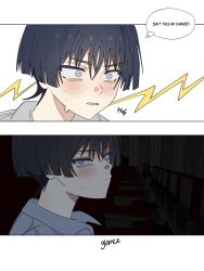  1boy alternate_costume black_hair blunt_ends blush casual closed_mouth contemporary embarrassed english_text genshin_impact grey_eyes grey_jacket highres indoors jacket looking_at_viewer looking_to_the_side male_focus movie_theater nervous_sweating parted_lips scaramouche_(genshin_impact) sideways_mouth solo sound_effects speech_bubble sweat theater_seating tsurime white_mouth wide-eyed wispy_bangs ysnden 