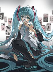  1girl absurdres aqua_eyes aqua_hair aqua_nails aqua_necktie aqua_trim bare_shoulders black_boots black_skirt black_sleeves boots breasts camera_flash cellphone commentary_request detached_sleeves fingernails grey_shirt hair_between_eyes hatsune_miku headset highres holding holding_phone huanyin long_hair nail_polish necktie number_tattoo phone pleated_skirt shirt shoulder_tattoo skirt sleeveless sleeveless_shirt small_breasts solo tattoo thigh_boots twintails very_long_hair vocaloid wide_sleeves zettai_ryouiki 