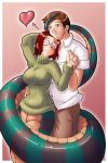 1boy 1girl breasts couple glasses lamia large_breasts monster_girl naga snake_tail tail 
