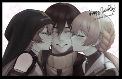  1boy 2girls art_undertaker beard_stubble black_groza_(girls'_frontline_2) blonde_hair blush braid brown_hair closed_eyes commander_(girls'_frontline) english_commentary english_text facial_hair girls'_frontline_2:_exilium girls_frontline grin groza_(girls'_frontline_2) hair_between_eyes happy_birthday heart hetero highres hood hood_up kiss long_hair multiple_girls ots-14_(girls'_frontline) ponytail short_hair smile stubble 